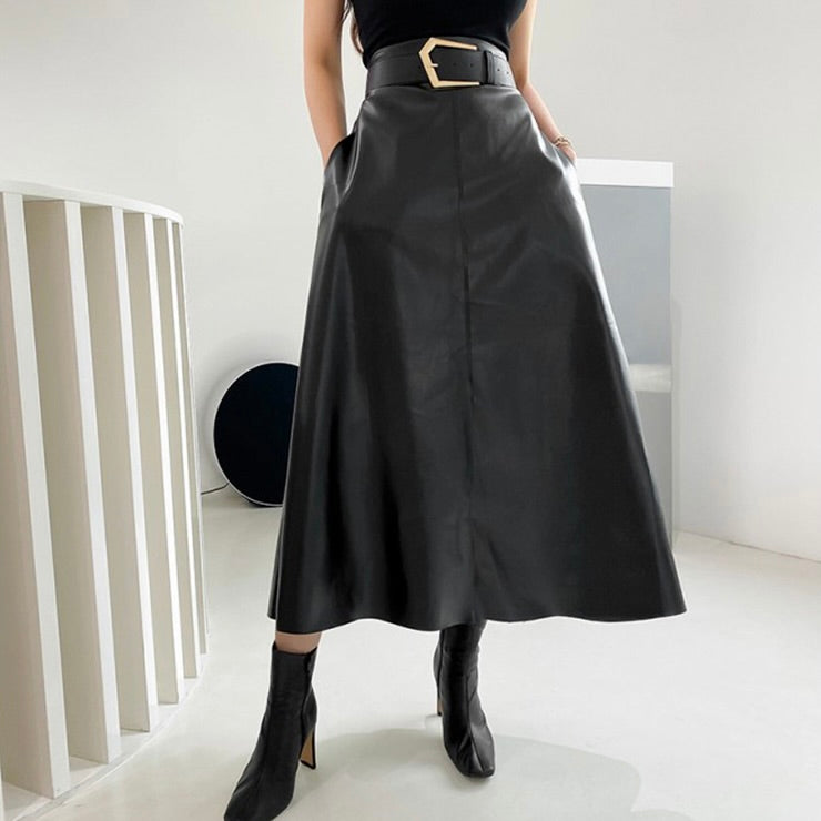 ByCamila Wide Leather Midi Skirt