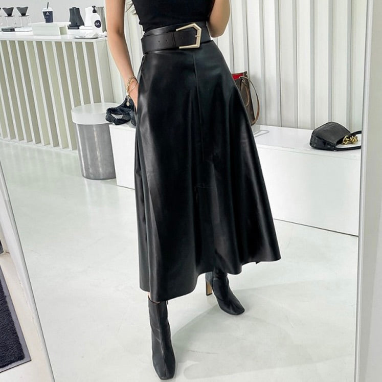 ByCamila Wide Leather Midi Skirt